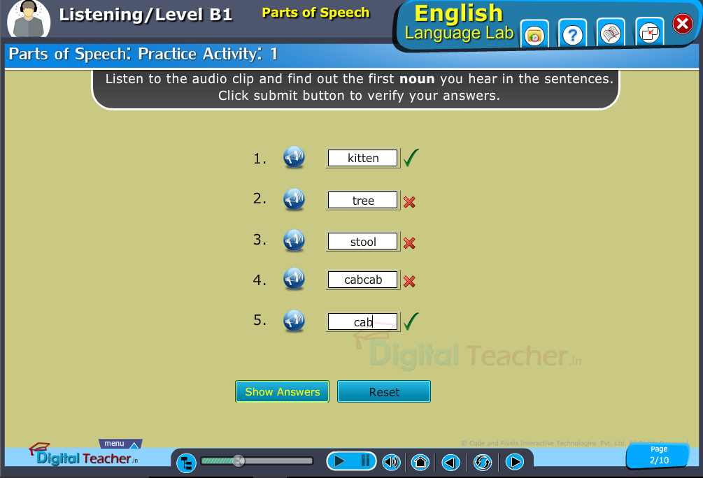 English language lab parts of speech activity