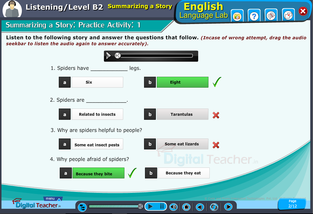 Listening Summarizing - English Language Lab provides activities with different levels of English Speaking Skills.