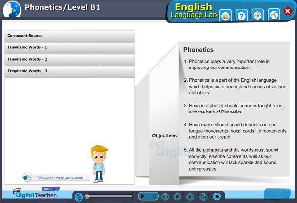 English Digital language lab practical activity on phonetic charts and their consonant sounds, trisyllabic words 1 2 3