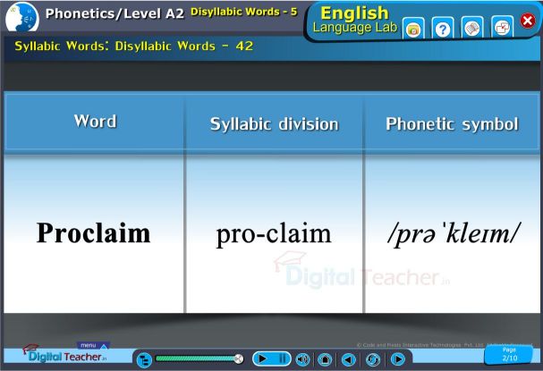 Disyllabic words with syllabic division and phonetic symbol