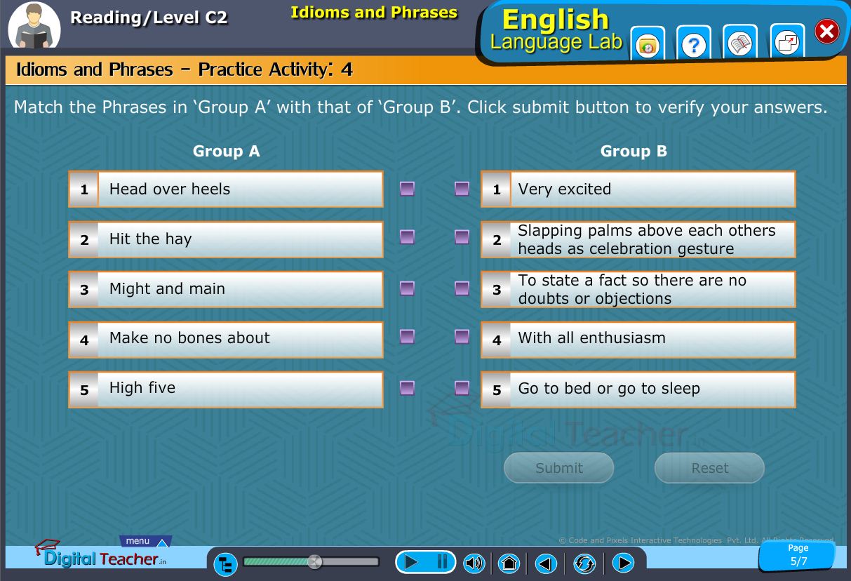 English language lab reading infographic provides activity on matching the phrases from one group to another
