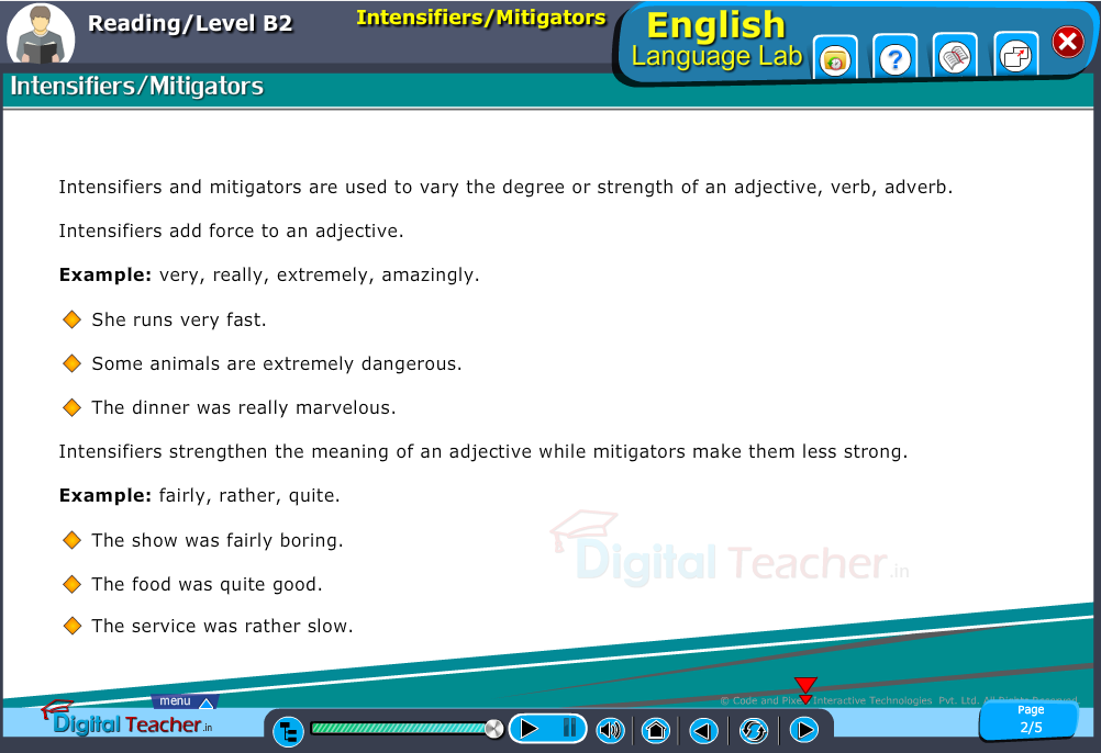 English language lab reading infographic teaches to know about intensifiers and mitigators