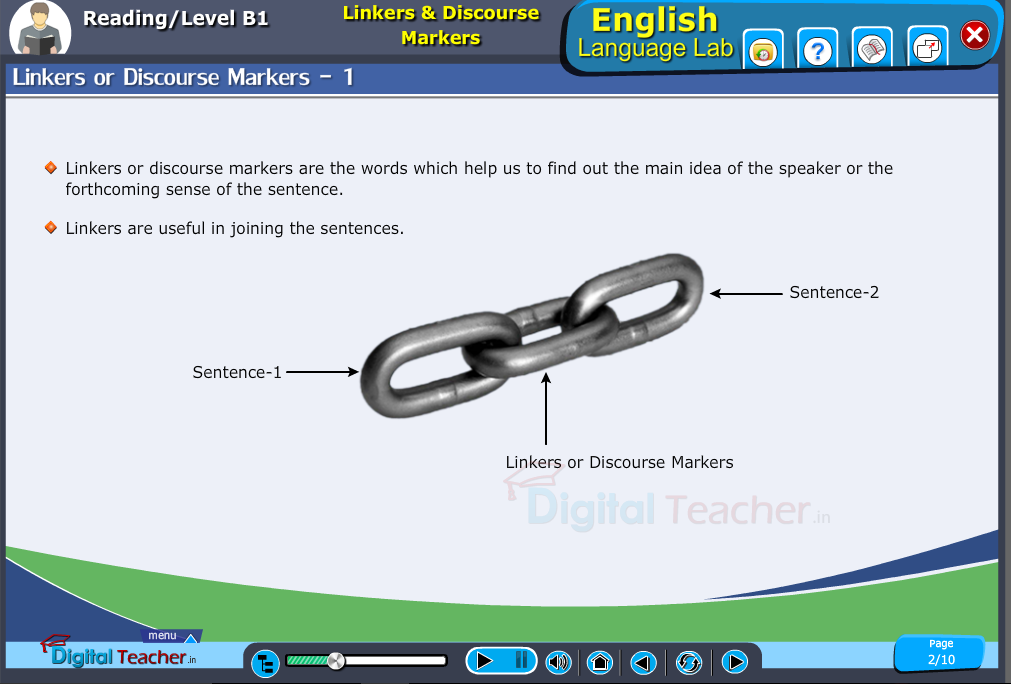 English language lab reading infographic provides activity to know about linkers or discourse markers in vocabulary 