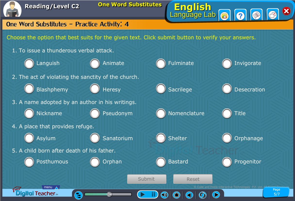 English language lab reading infographic provides a practical activity on one word substitutes to select the best option