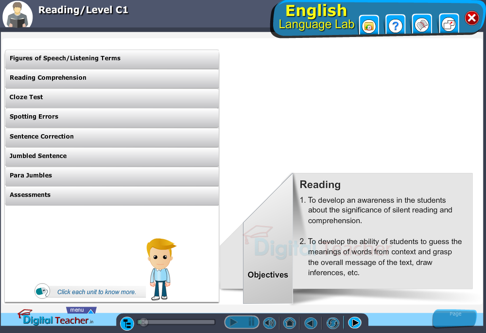 English language lab reading infographic provides activities with level C1 of reading skills