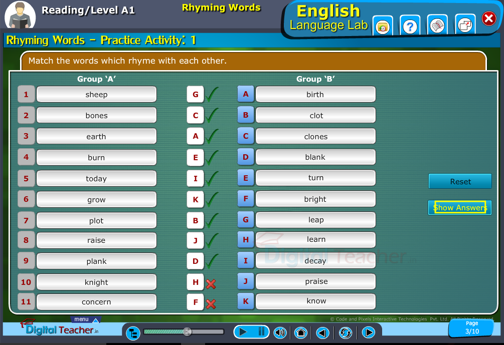 English language reading infographic provides activity to match rhyming words