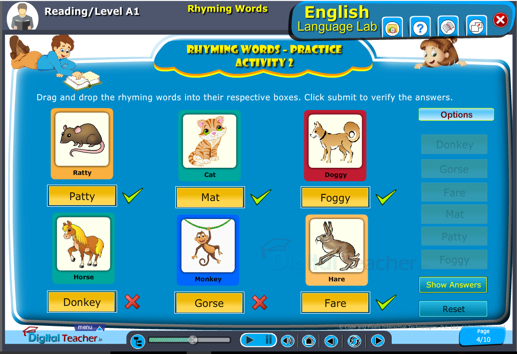 English language lab reading infographics provides activity to practice rhyming words by matching them with there rhyming word