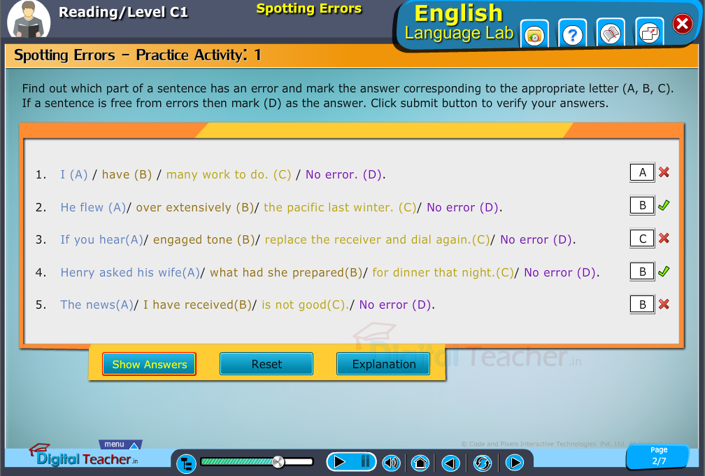 English language lab reading infographic provides activity of spotting error in a sentence