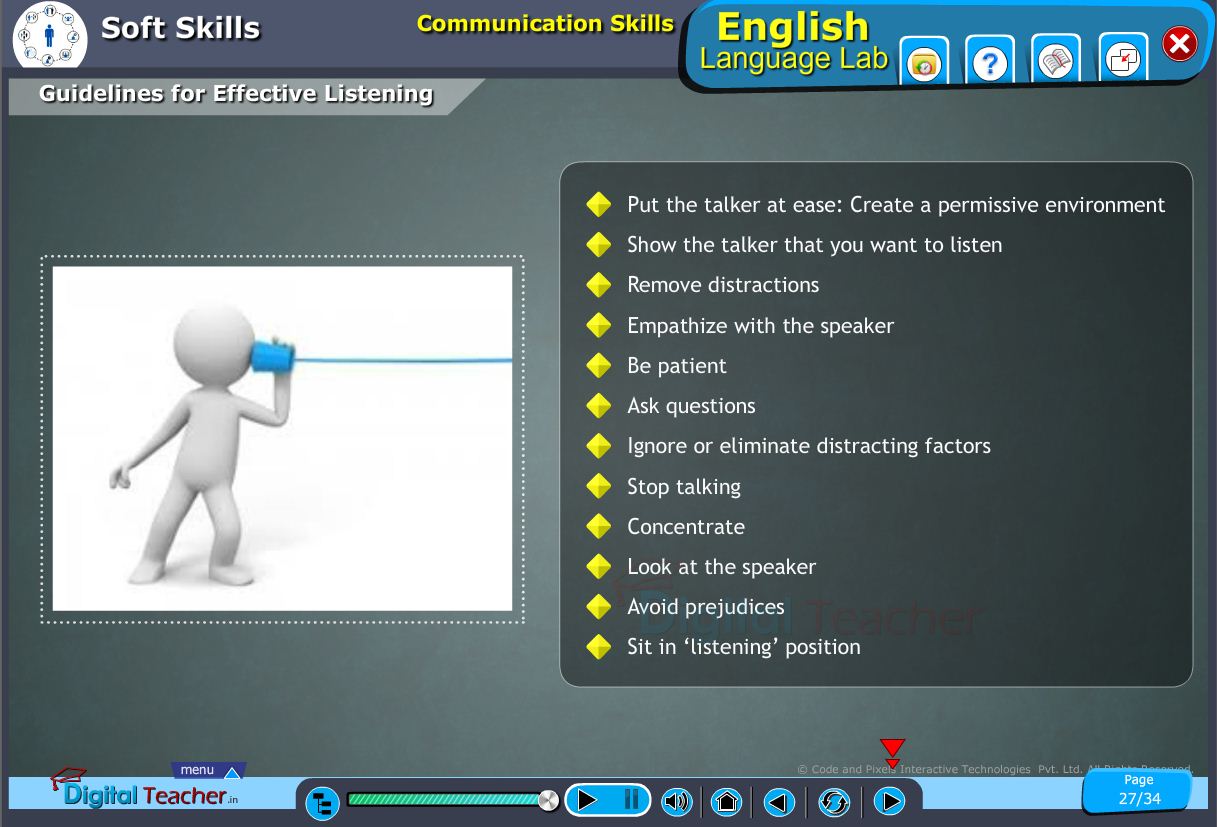 English language lab softskills infographic on various guidelines for effective listening in communication