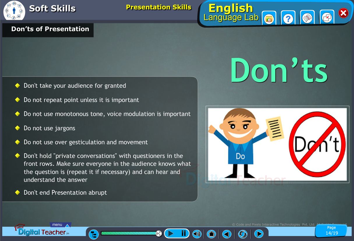 English language lab softskills infographic about dont's of presentation
