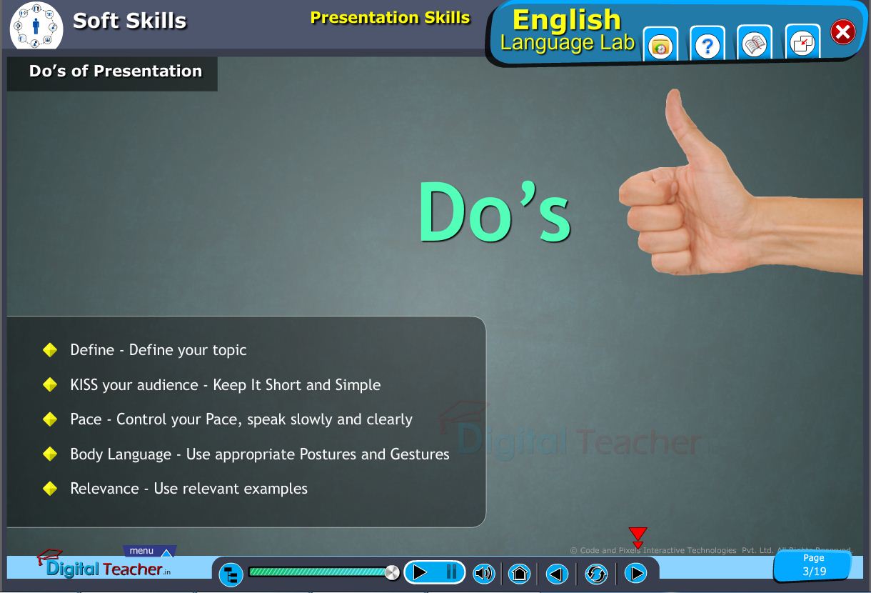 English language lab softskills infographic about do's of presentation and define a topic