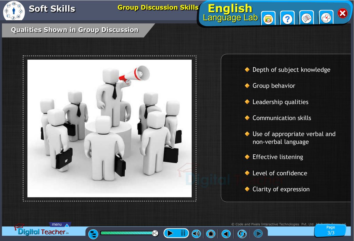 English language lab softskills infographic provides activities of group discussion and qualities to be shown in it