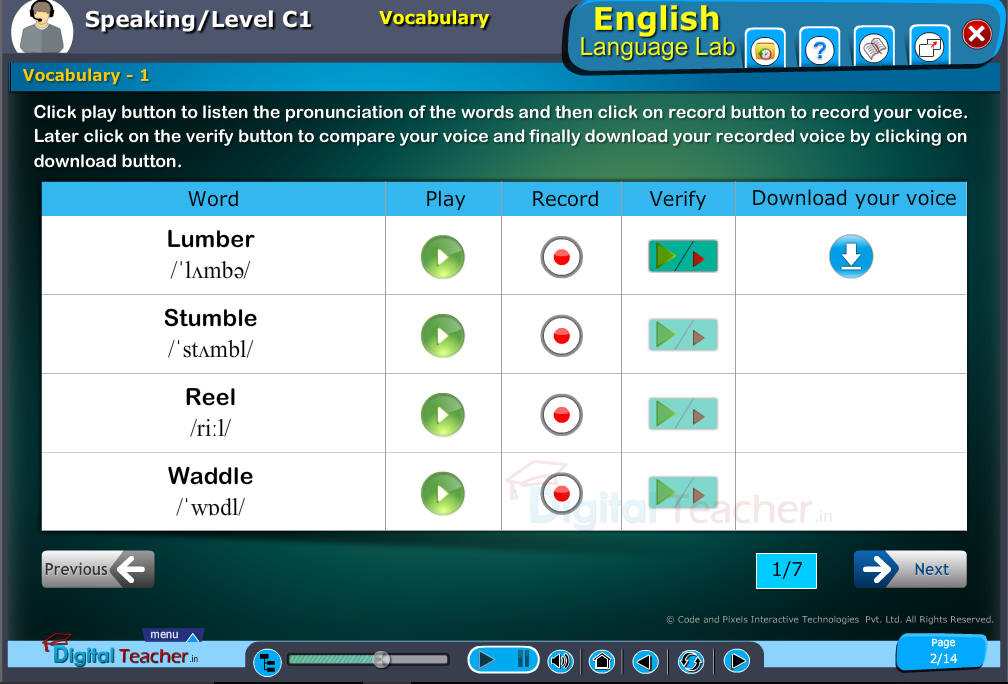 English language lab speaking infographic provides activity of vocabulary for pronunciation of words