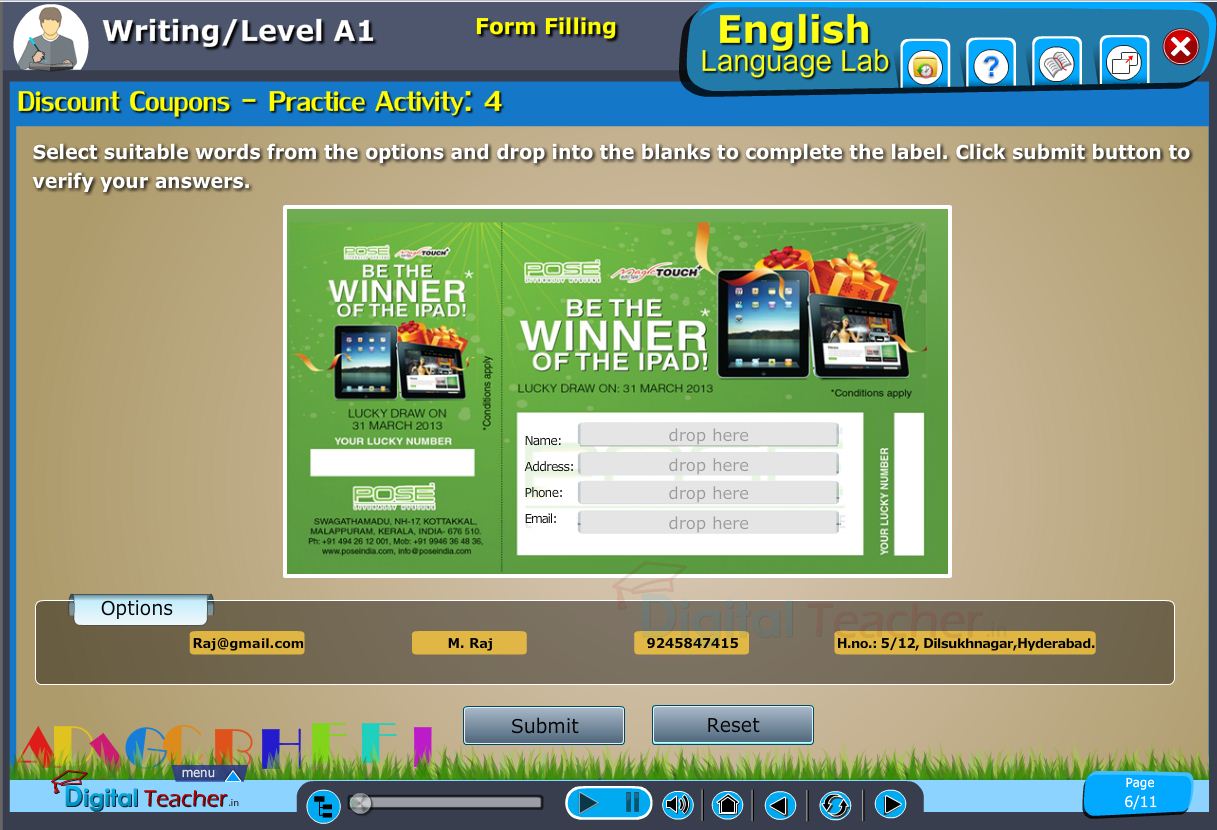 English language lab writing infograhic provides a practical activity for form filling on discount coupons
