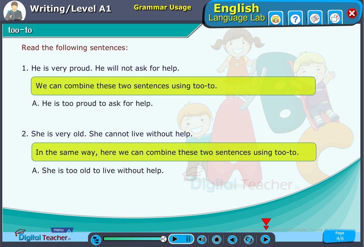 English language lab writing infograhic provides a practical activity on grammar usage by combining with too and to