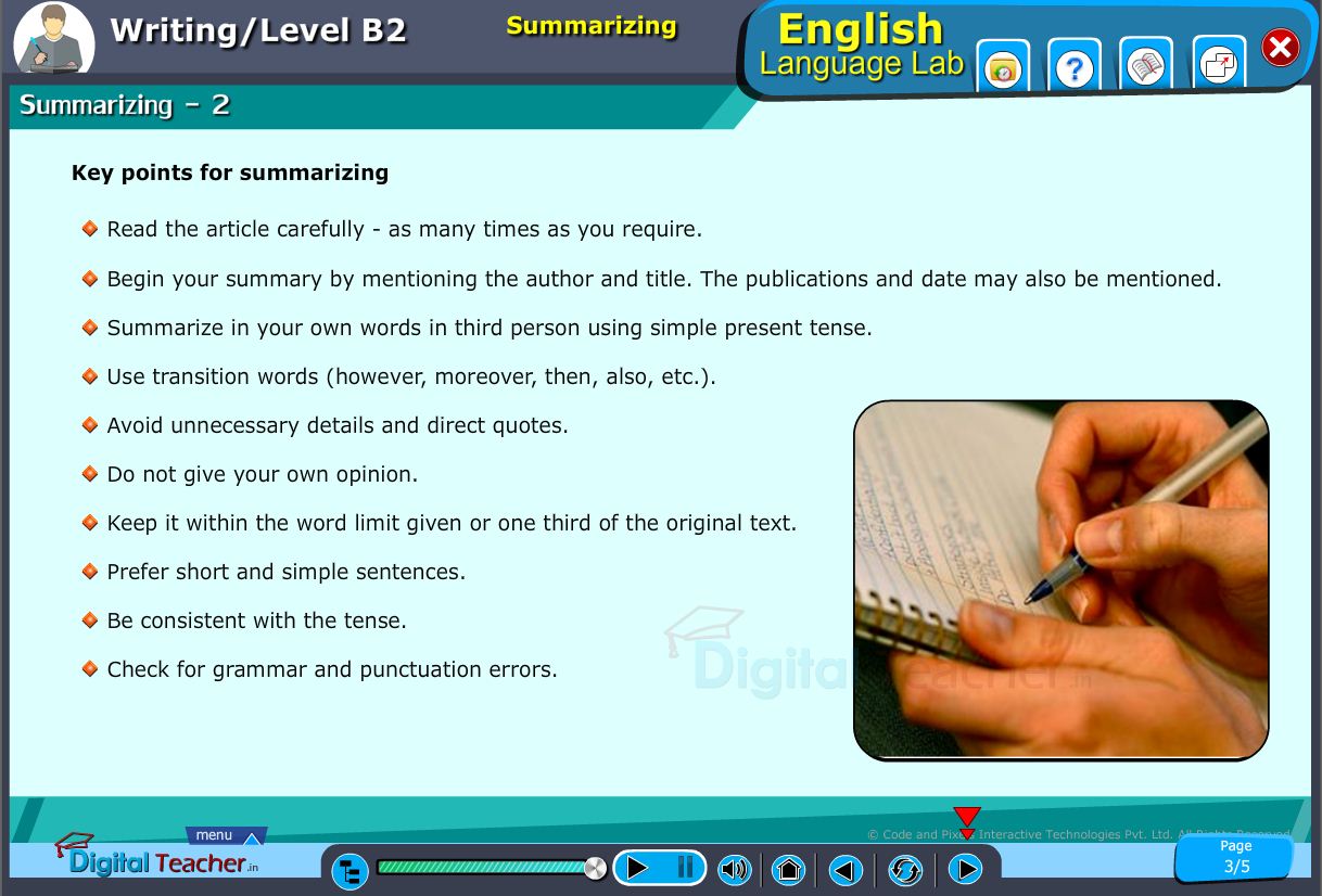 English language lab writing infographic provides the key points for summarizing