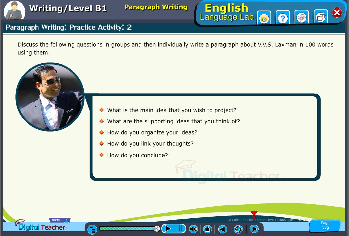 English language lab writing infograhic provides a practical activity on paragraph writing by discussing about the questions to be covered in paragraph