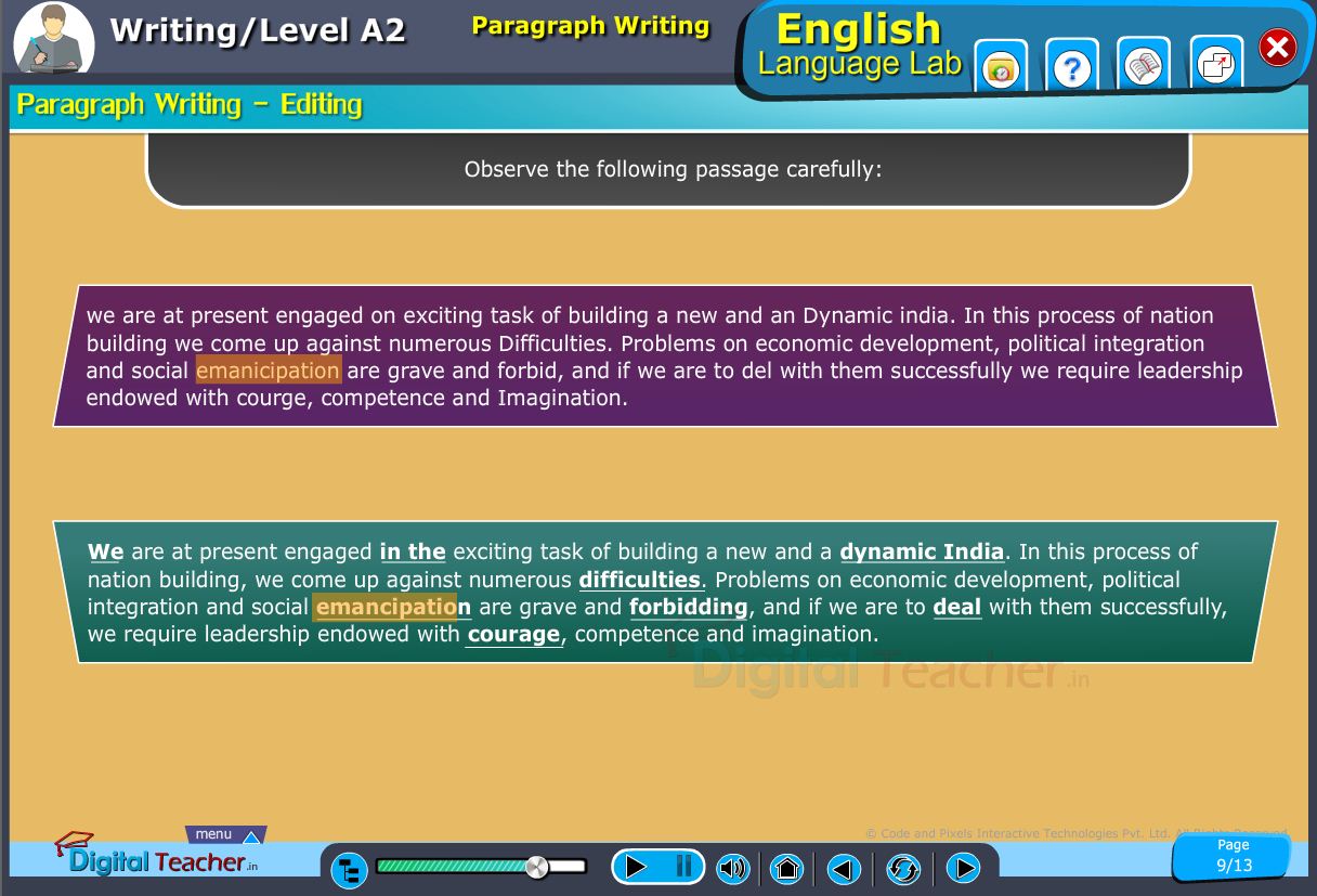 English language lab writing infograhic provides a practical activity on writing a paragraph and to observe it to edit