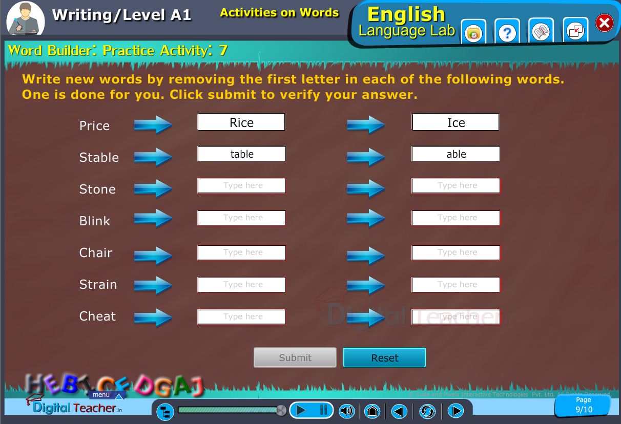 English language lab writing infograhic provides a practical activity to build a word by removing first letter in the word to to make another meaning full word