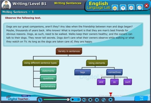 Variety in sentences with types of examples using elements