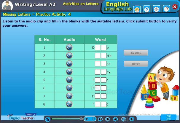 Activities on missing letters at english language lab software