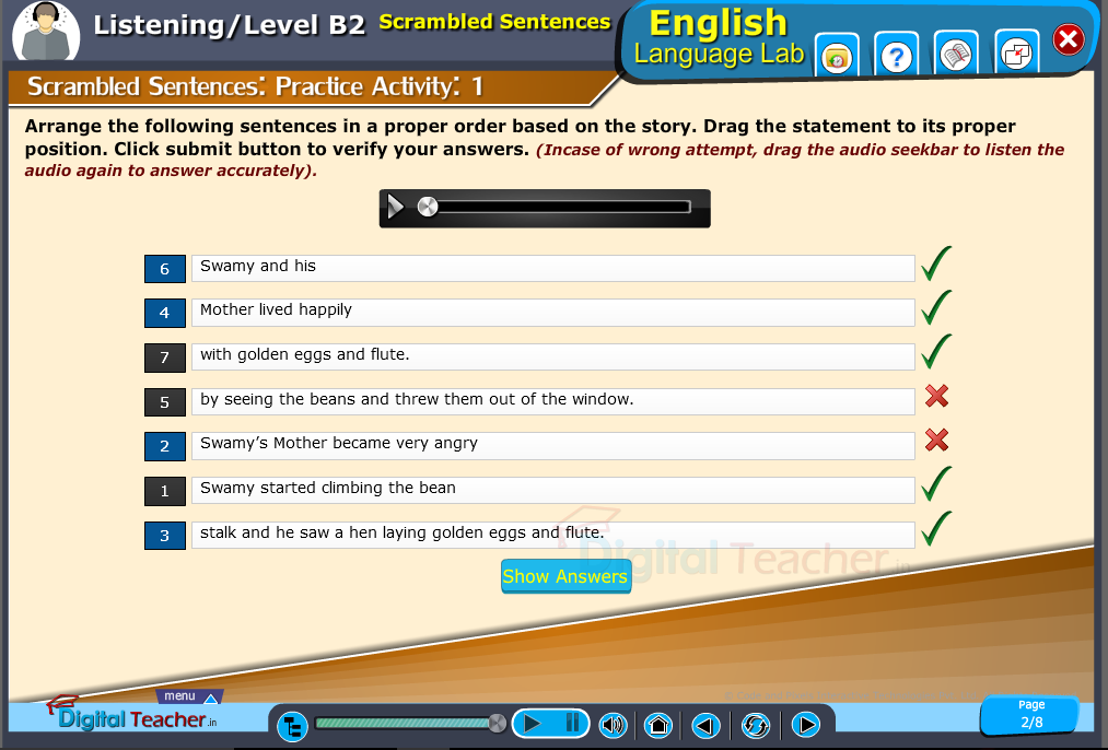 Scrambled sentences - English Language Lab provides activities with different levels of English Speaking Skills.