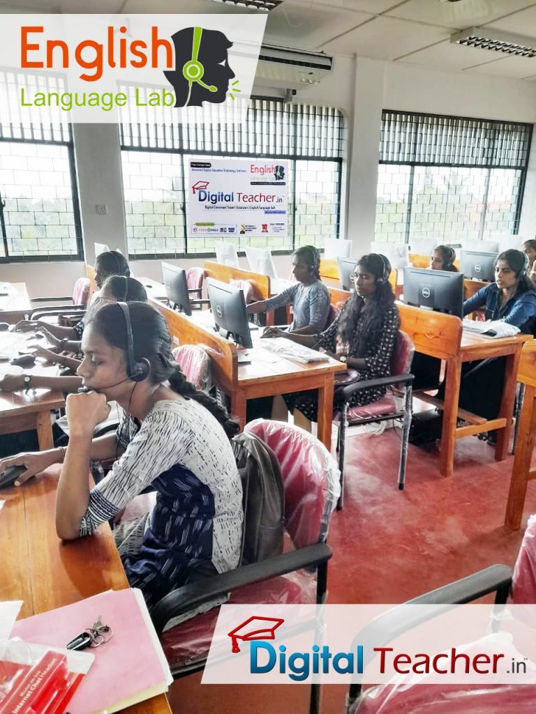 A group of people using computers in an English Language Lab to improve their language skills, emphasizing speaking, reading, and listening abilities.