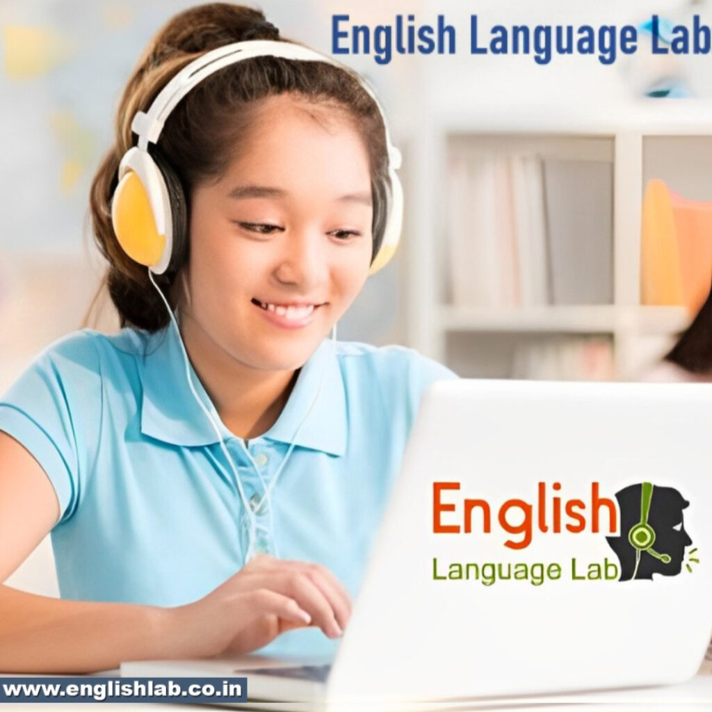 In an English language lab, a student using headphones is studying on a laptop that has the website and logo of the English lab displayed on it.