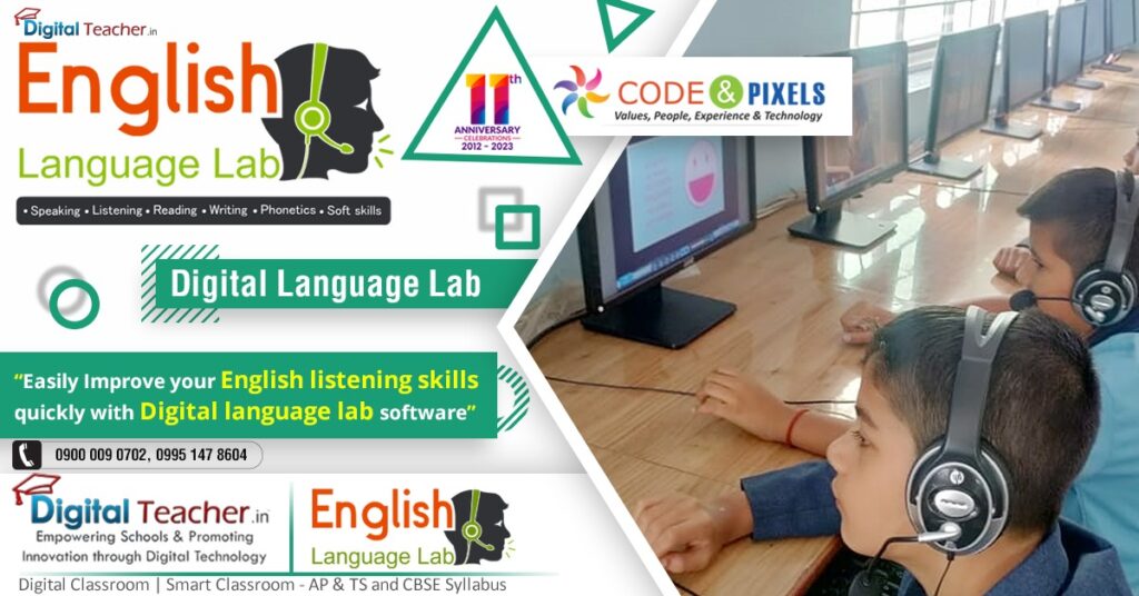 A picture of kids using the English Language Lab is used in an advertisement for Digital Teacher's English Language Lab, highlighting its features and advantages.