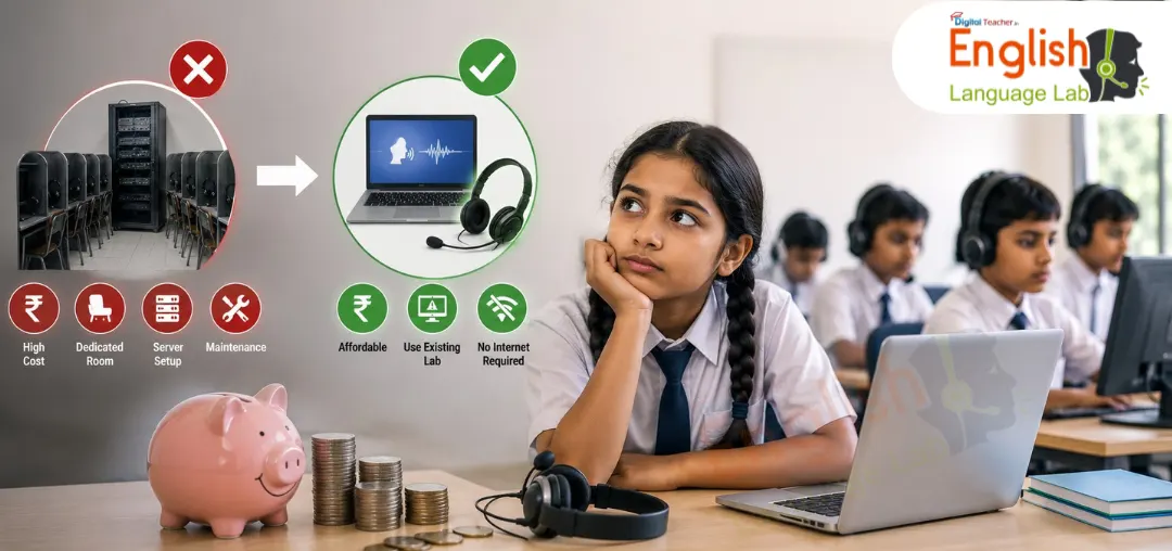 2. Imported Software Does Not Work for Indian Students: This can also be very problematic for many institutions that have already purchased international language learning software from outside sources (usually from the USA, UK or another western market). a) The first major hurdle is the accent: Consider a student from a rural area of Telangana or a small town in Bihar trying to relate to the content which is presented with are either an British accent or a General American voice. b) The vocabulary, culture and speed of delivery are all geared towards an English native speaker instead of a student who speaks English as a second or third language. The result is predictable: Students disengage within the first few sessions. Teachers lose confidence in the software and the lab gets abandoned. How we solve: Our language lab software is built specifically for Indian learners with Indian accented narration, Indian English contexts and content structured around the real-world scenarios like job interviews, group discussions, customer facing roles, academic presentations. The difference in engagement is immediate and measurable. 3. The Cost and Infrastructure Concern Is Real But Often Exaggerated One of the most commonly seen disadvantages of language labs in India is the cost and it is not unknown that traditional language lab setups particularly hardware heavy installations with dedicated booths, customised furniture and server infrastructure can run into significant investment that make smaller schools and government institutions hesitant. A school with an existing computer lab running basic Windows and headsets with microphones has everything it needs. No dedicated room. No special furniture. No server. No internet connection required after installation. The institutions that avoid the lab because of