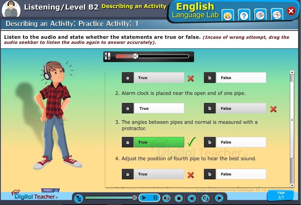 English language listening infographic to describe activity to listen the audio and verifying whether statements are true or not