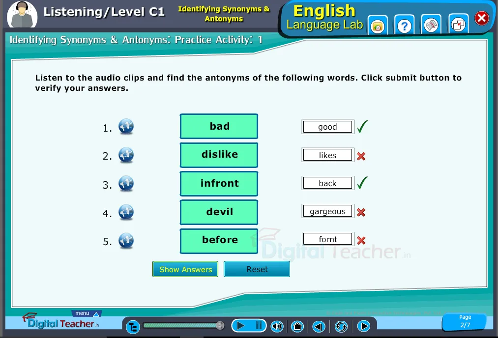 Listening infographic on listening the audio clips and finding antonyms for the following
