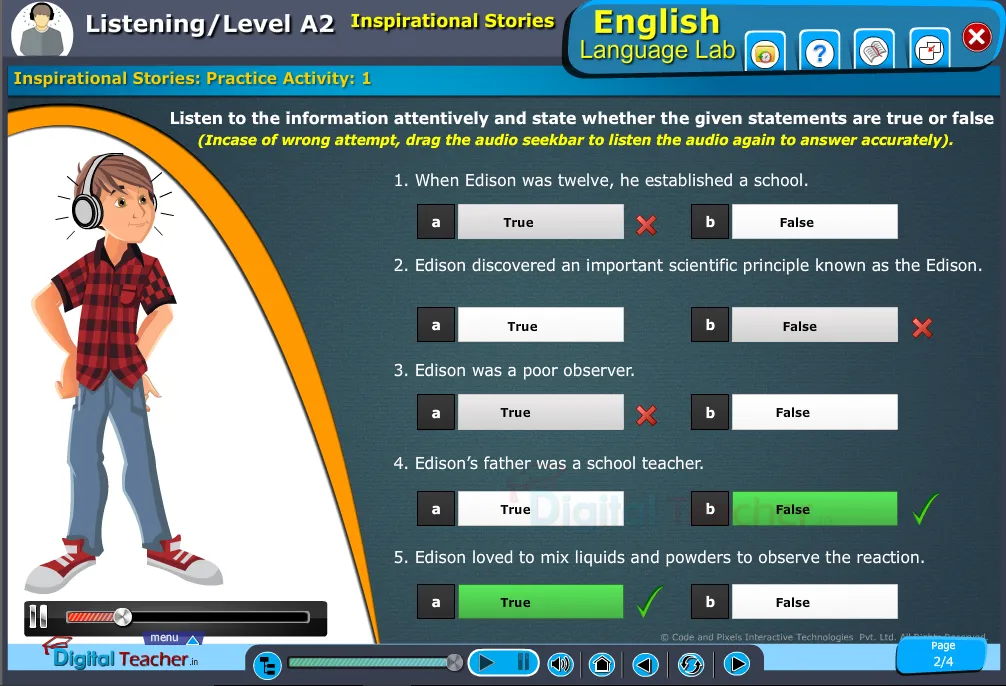 Listening infographic on inspirational stories gives activity to listen the story and state whether the statement true or false.
