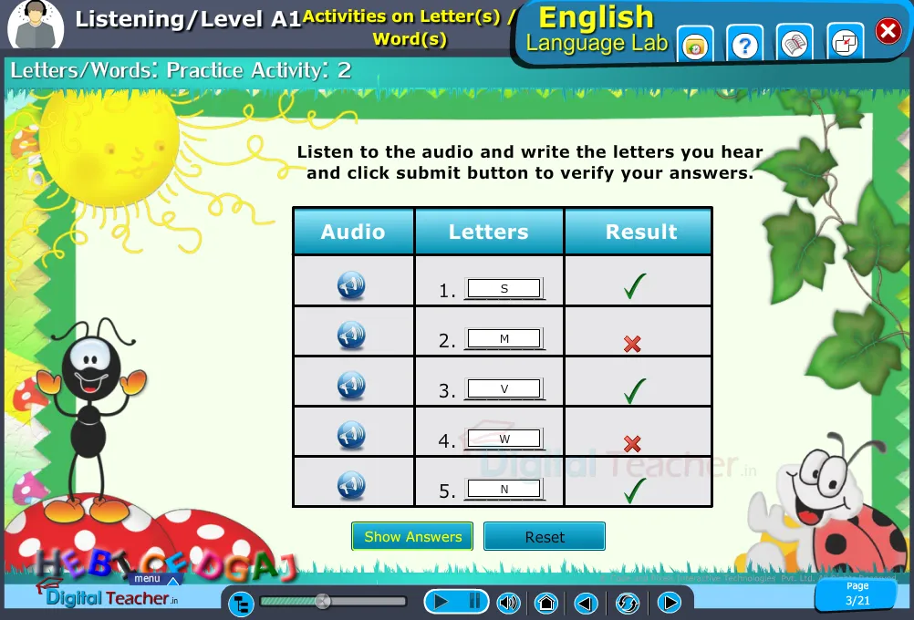 English language lab listening infographic with letters and words listening practice