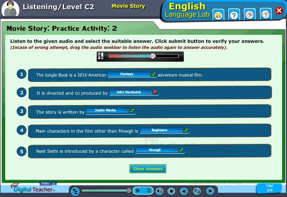 English language lab listening infographic on listening the movie story and selecting the suitable answer
