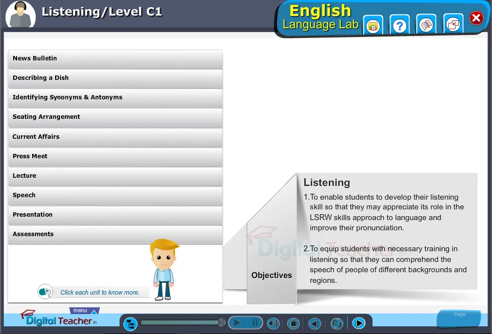 English language lab listening infographic provides activities about level C1 of english listening skills