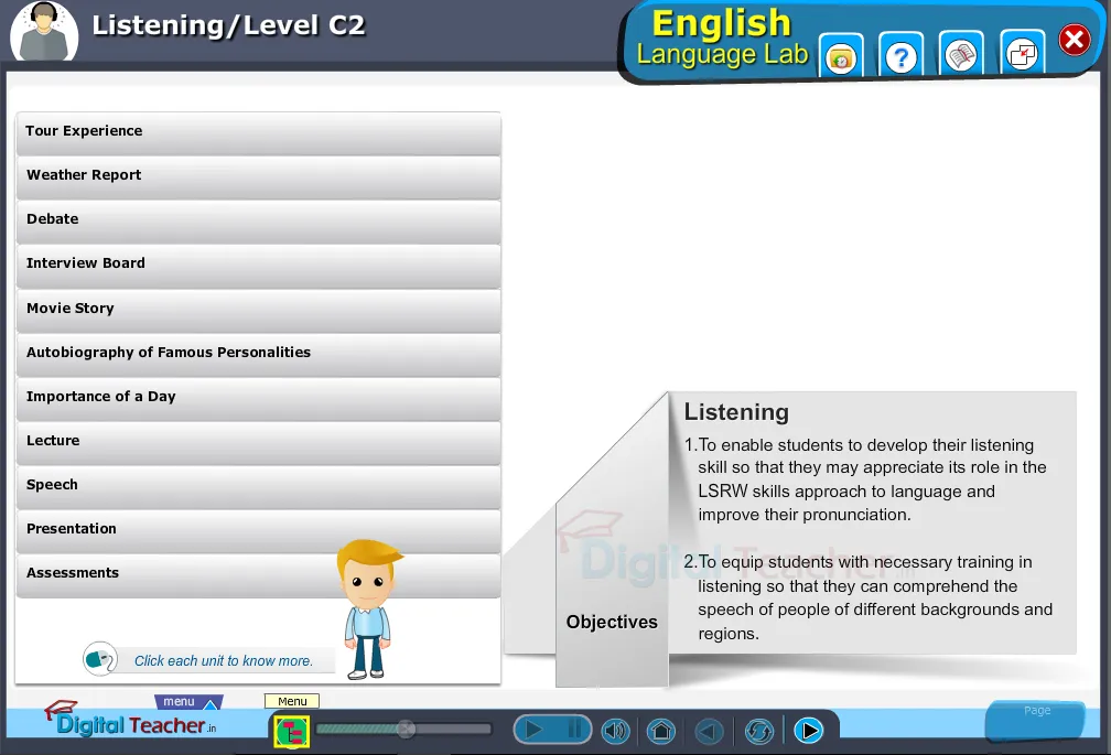 English language lab listening infographic provides activities about level C2 of english listening skills