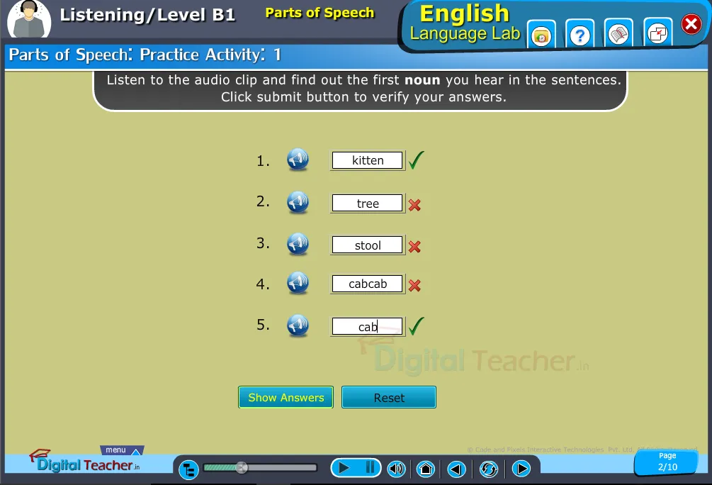 English language listening infographic on parts of speech to find out the first noun hear.