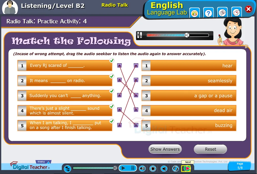 English language lab listening infographic on listening to the audio clip and match the following accordingly