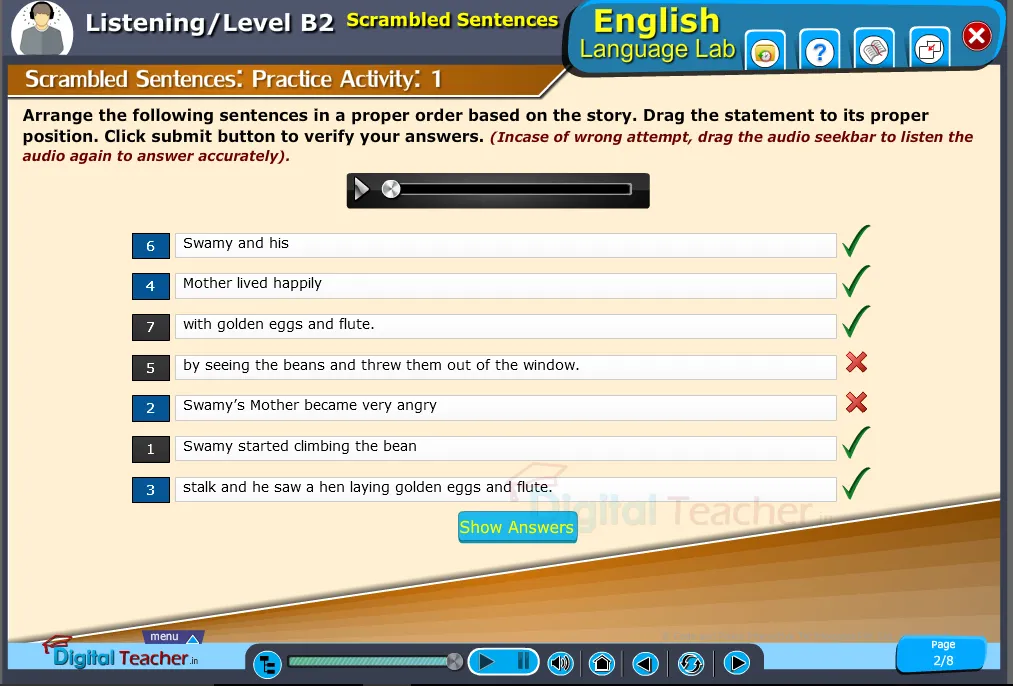 English language lab listening infographic on listening the audio clip and scrambling the sentence according to the story