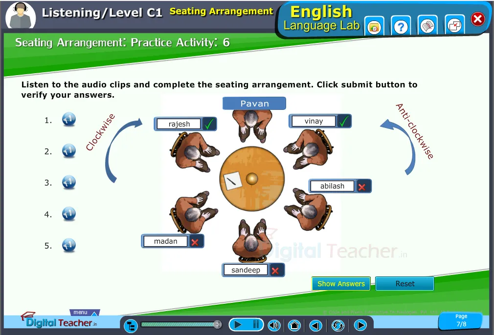 Listening infographic on listening the audio clips and completing the seating arrangement.