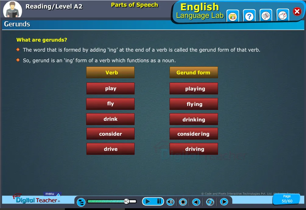 English language lab reading infographic giving definition about gerunds.