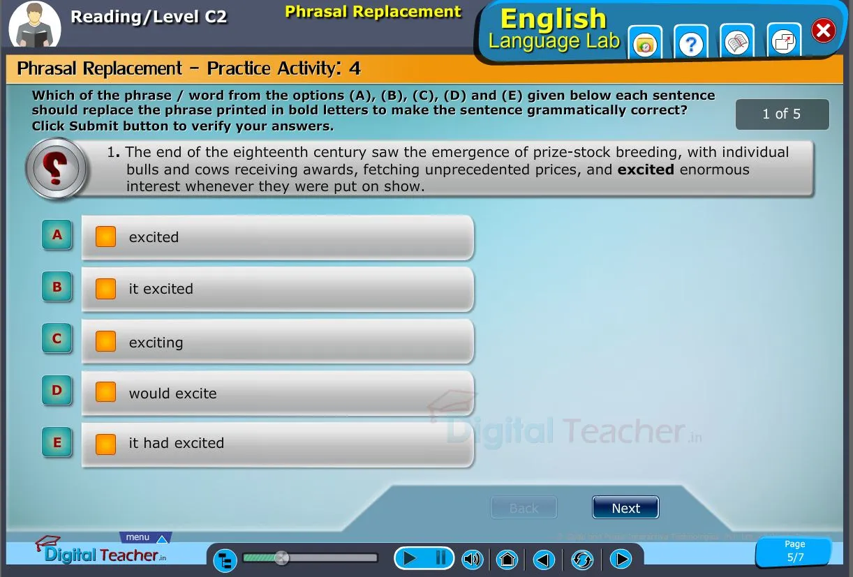 English language lab reading infographic provides a practical activity on phrasal replacement by selecting the best suited word for the bolded word