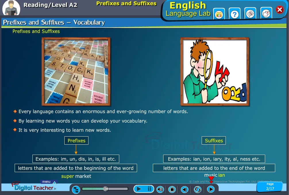 English language lab reading infographic helps to know about prefixes and suffixes in vocabulary