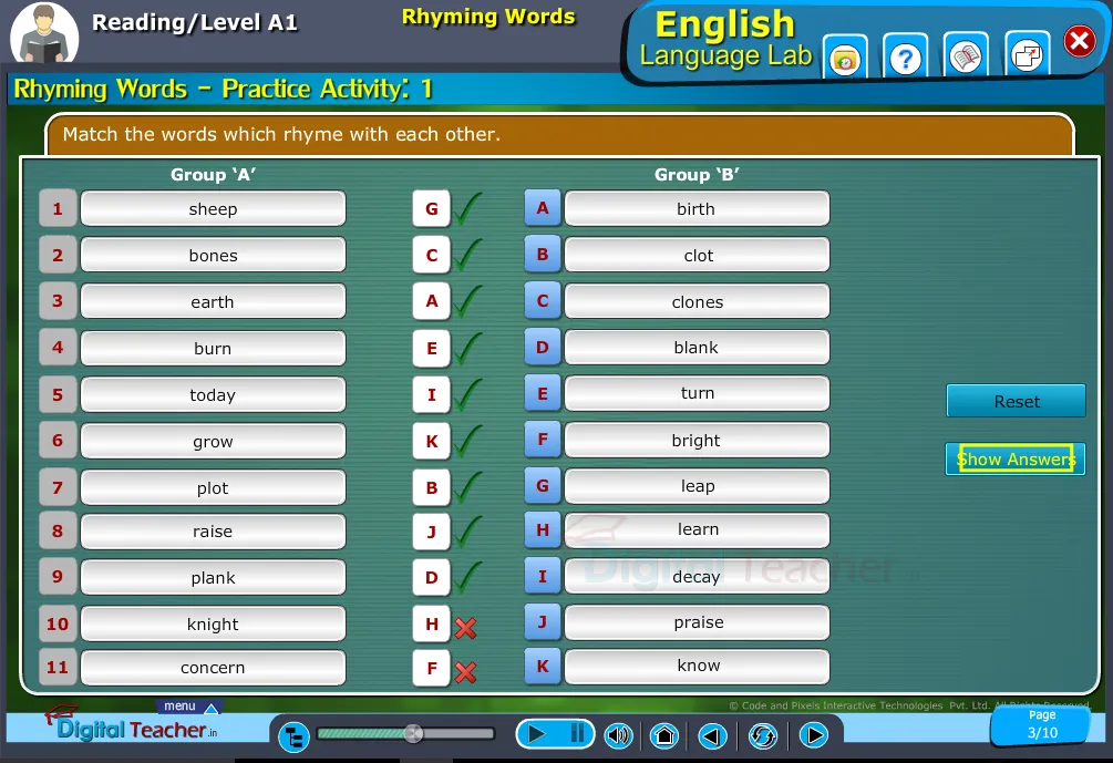 English language reading infographic provides activity to match rhyming words