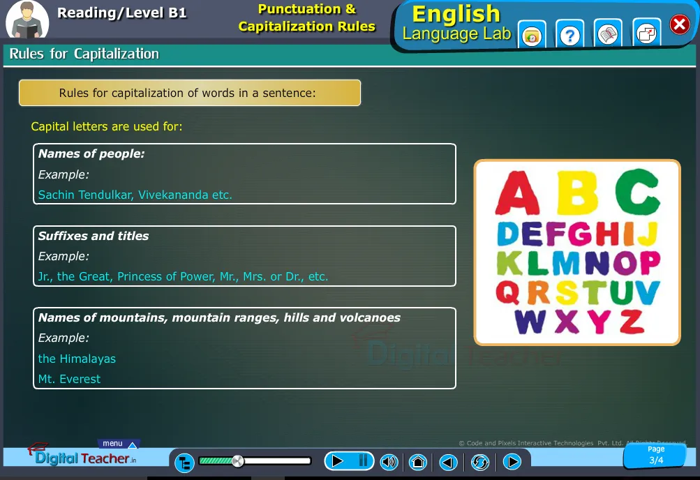 English language lab reading infographic provides activity on rules for capitalization of words in a sentence