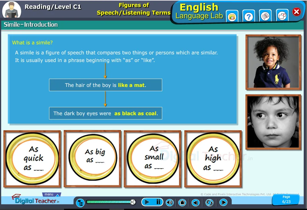 English language lab reading infographic teaches to know about the definition of simile
