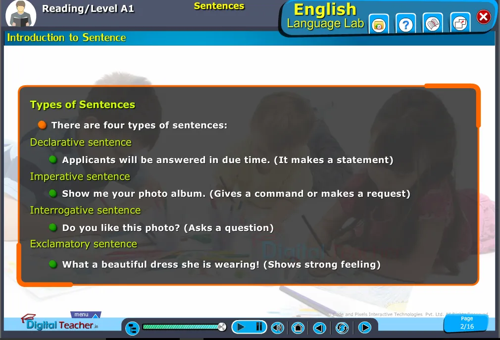 English language lab reading infographics provides activity to read different types of sentences