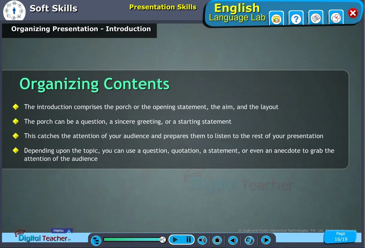 English language lab softskills infographic about introduction of organizing presentation skills