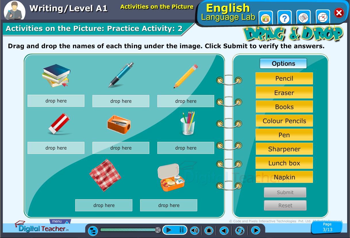 English language lab writing infograhic provides a practical activity to choose the suitable word and drag it under the image